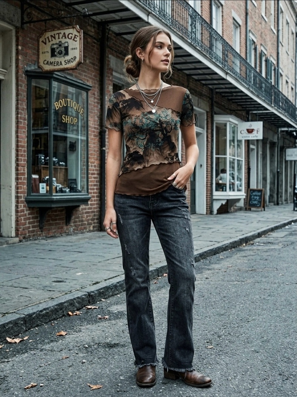 Brown Floral Sheer Overlay Short Sleeve Top